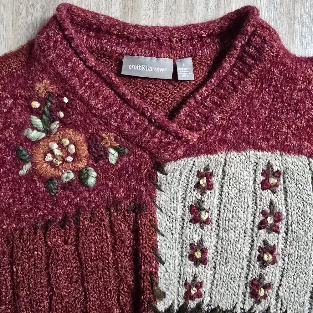 Vintage Croft & Barrow Maroon Knit Sweater Chunky Fall Floral Large Cozy Acrylic - Picture 8 of 10